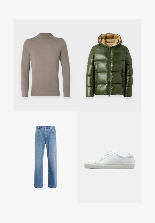 Green puffer jacket with a shiny finish, featuring a hood, front zip closure, two zippered pockets, and a beige inner lining.; Light brown, long-sleeve turtleneck sweater. Soft knit texture, fitted design, ribbed cuff and hem. Simple, seamless construction.; Light blue denim jeans with a straight-leg design, five pockets, button closure, minimal fading, and contrasting stitching details.; White sneaker with a smooth leather upper and a low profile. Features a rounded toe, six eyelets, and a textured rubber sole.