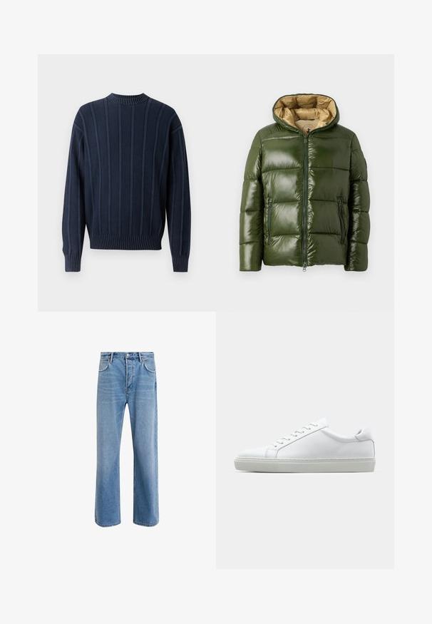 Roheline puhvjakas läikiva viimistlusega, millel on kapuuts, esine tõmblukk, kaks tõmblukuga taskut ja beež sisevooder.; Tumedat sinine sviiter vertikaalse soonilise tekstuuriga, ümar kaelus ja pikad varrukad. Omab kudumispatternit ning erksat soonilist krae- ja allääred.; Heledad sinine teksapüksid otse lõikega, viie taskuga, nupuga sulgemine, minimaalne kulumine ja kontrastsed õmbluse detailid.; Valge tennisetoss, millel on sile nahk pealis ja madal profiil. Omab ümarat ninaosa, kuut silmust ja tekstuuriga kummist talda.