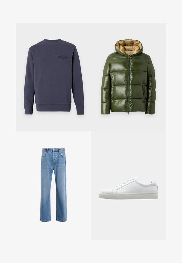Πράσινο φουσκωτό μπουφάν με γυαλιστερή επιφάνεια, διαθέτει κουκούλα, μπροστινή φερμουάρ, δύο φερμουάρ τσέπες και μπεζ εσωτερική επένδυση.; Φούτερ σε σκούρο ναυτικό μπλε, κατασκευασμένο από απαλό ύφασμα, με στρογγυλή λαιμόκοψη και ριμπ μανσέτες. Κεντημένο λογότυπο στο αριστερό στήθος.; Ανοιχτό μπλε τζιν παντελόνι με ευθεία γραμμή, πέντε τσέπες, κλείσιμο με κουμπί, ελάχιστη φθορά και αντίθετες ραφές.; Λευκό αθλητικό παπούτσι με άνω μέρος από λείο δέρμα και χαμηλό προφίλ. Διαθέτει στρογγυλεμένη μύτη, έξι τρυπούλες και υφασμένη καουτσούκ σόλα.