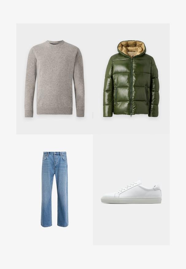 Zelená péřová bunda s lesklým povrchem, s kapucí, předním zipem, dvěma kapsami na zip a béžovou podšívkou.; Svetle šedý pletený svetr s kulatým výstřihem, dlouhými rukávy a žebrovanými manžetami a lemem. Texturovaný vzor s barevnými skvrnami.; Světle modré džínové kalhoty s rovnými nohavicemi, pěti kapsami, zapínáním na knoflík, minimálním vyblednutím a kontrastním prošitím.; Bílé tenisky s hladkým koženým svrškem a nízkým profilem. Mají zaoblenou špičku, šest nýtů a texturovanou gumovou podrážku.