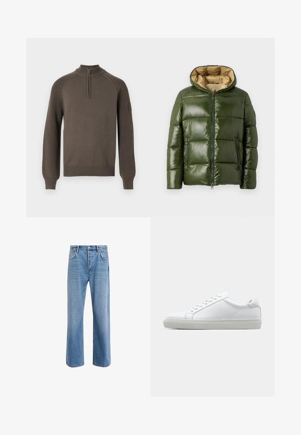 Grüne Pufferjacke mit glänzender Oberfläche, ausgestattet mit Kapuze, durchgehendem Reißverschluss, zwei Reißverschlusstaschen und einem beigen Innenfutter.; Brauner gestrickter Pullover mit langen Ärmeln, einem Viertel-Reißverschluss-Kragen, gerippten Bündchen und Saum sowie einem kleinen Patch am linken Ärmel.; Helle blaue Jeans im Geradeschnitt-Design, mit fünf Taschen, Knopfverschluss, minimaler Ausbleichung und kontrastierenden Nähdetails.; Weißer Sneaker mit glattem Lederobermaterial und niedrigem Profil. Verfügt über eine runde Zehenpartie, sechs Ösen und eine strukturierte Gummisohle.