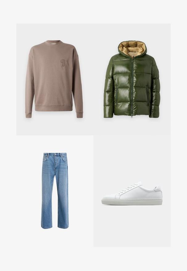 Zelená péřová bunda s lesklým povrchem, s kapucí, předním zipem, dvěma kapsami na zip a béžovou podšívkou.; Hnědá mikina s kulatým výstřihem, dlouhými rukávy a žebrovanými manžetami. Na hrudi má malé vyšívané logo. Měkký bavlněný materiál.; Světle modré džínové kalhoty s rovnými nohavicemi, pěti kapsami, zapínáním na knoflík, minimálním vyblednutím a kontrastním prošitím.; Bílé tenisky s hladkým koženým svrškem a nízkým profilem. Mají zaoblenou špičku, šest nýtů a texturovanou gumovou podrážku.