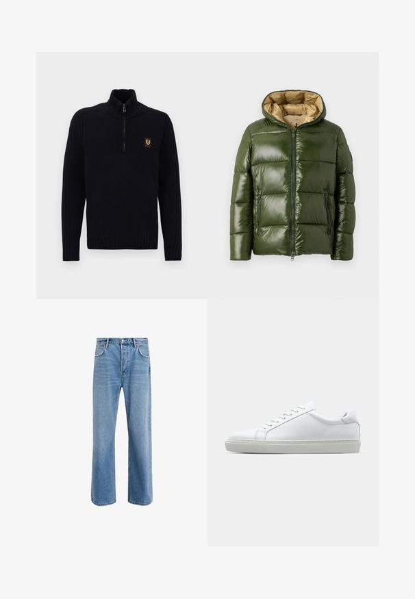 Zöld puffernadrág, fényes felülettel, kapucnival, elöl cipzáros záródással, két cipzáros zsebbel és bézs belső béléssel.; Fekete bordázott kötött pulóver negyed cipzárral ellátott magas gallérral és kis barna logóval a bal mellrészen.; Világoskék farmernadrág, egyenes szárú fazonnal, öt zsebbel, gombos záródással, minimális kopással és kontrasztos varrással.; Fehér sportcipő sima bőr felső résszel és alacsony profilsal. Kerek orr, hat fűzőlyuk és barázdált gumitalp jellemzi.