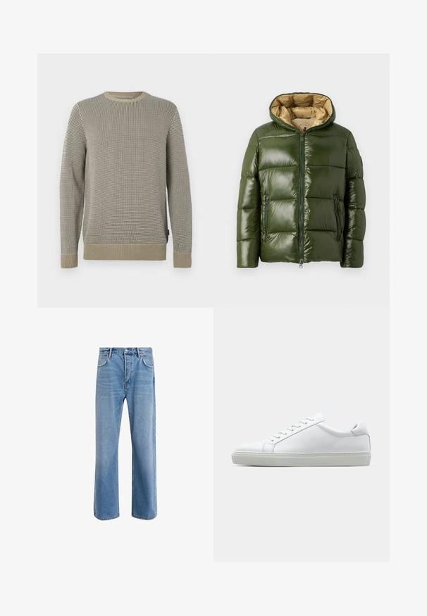 Casaco puffer verde com um acabamento brilhante, apresentando capuz, fecho frontal com zíper, dois bolsos com zíper e um forro interior bege.; Pullover em padrão houndstooth bege e preto, com decote redondo, punhos canelados e acabamento texturizado.; Calças de ganga azul claro com um design de perna reta, cinco bolsos, fecho de botão, desgaste mínimo e detalhes de costura em contraste.; Sapatilha branca com um cabedal em couro liso e de perfil baixo. Apresenta um bico redondo, seis ilhoses e uma sola de borracha texturizada.