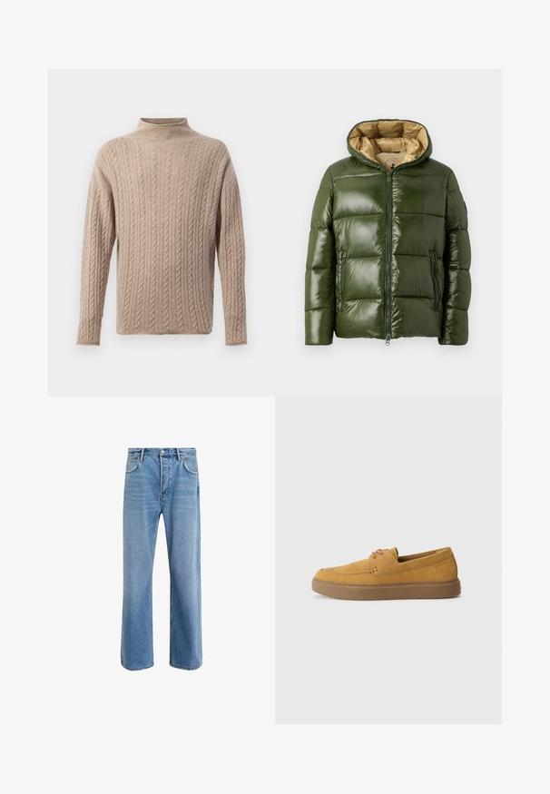 Jachetă puffer verde cu o finisare lucioasă, având glugă, închidere frontală cu fermoar, două buzunare cu fermoar și căptușeală interioară bej.; Pulover bej din tricotaj cu guler înalt, mâneci lungi, model texturat și detalii ribbate la mansete și la tiv. Material moale și confortabil.; Jeans din denim bleu deschis cu un design drept, cinci buzunare, închidere cu buton, decolorare minimă și detalii de cusătură în contrast.; Pantofi slip-on din suede maro, cu un finisaj texturat, vârf rotund și talpă din cauciuc contrastantă. Prezintă o marcaj subtil lângă călcâi.