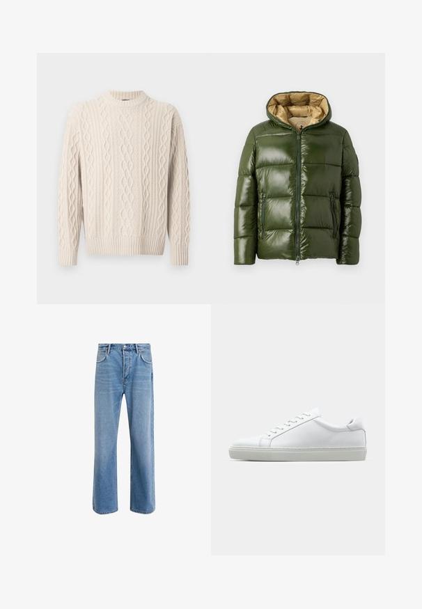 Green puffer jacket with a shiny finish, featuring a hood, front zip closure, two zippered pockets, and a beige inner lining.; Cream-colored cable-knit sweater with a high neckline, featuring textured patterns and ribbed cuffs and hem. Made of soft, stretchy fabric.; Light blue denim jeans with a straight-leg design, five pockets, button closure, minimal fading, and contrasting stitching details.; White sneaker with a smooth leather upper and a low profile. Features a rounded toe, six eyelets, and a textured rubber sole.