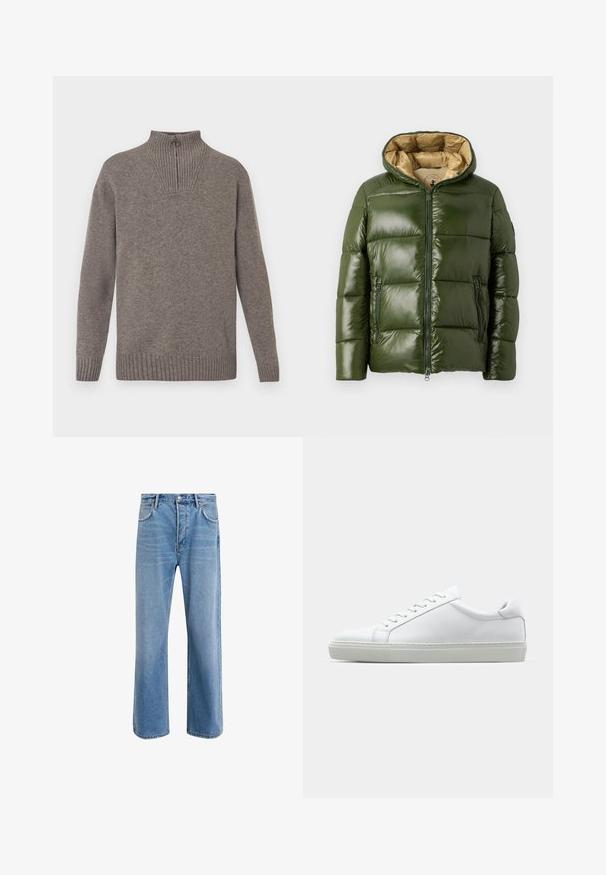 Zöld puffernadrág, fényes felülettel, kapucnival, elöl cipzáros záródással, két cipzáros zsebbel és bézs belső béléssel.; Szürke kötött pulóver magas gallérral, bordázott mintázattal és negyedcipzárral. Egyenes szabású, bordázott mandzsettákkal és aljjal.; Világoskék farmernadrág, egyenes szárú fazonnal, öt zsebbel, gombos záródással, minimális kopással és kontrasztos varrással.; Fehér sportcipő sima bőr felső résszel és alacsony profilsal. Kerek orr, hat fűzőlyuk és barázdált gumitalp jellemzi.