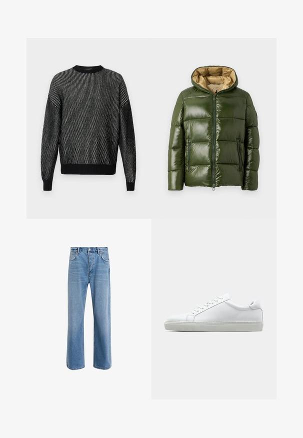 Zielona kurtka puchowa o błyszczącej powierzchni, z kapturem, zapięciem na zamek z przodu, dwiema kieszeniami na zamek oraz beżową podszewką.; Czarny sweter z dzianiny o luźnym kroju, z teksturowanym wzorem, prążkowanym dekoltem, mankietami i paskiem. Długie rękawy bez widocznych szwów.; Jasnoniebieskie dżinsy o prostym kroju, pięć kieszeni, zapięcie na guzik, minimalne blaknięcia i kontrastowe wykończenia szwów.; Białe sneakersy z gładką skórzaną cholewką i niskim profilem. Posiadają okrągły nos, sześć dziurek na sznurówki oraz teksturowaną gumową podeszwę.