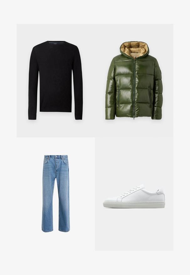Grøn pufferjakke med en blank finish, udstyret med hætte, frontlynlås, to lynlåslommer og en beige inderforing.; Sort sweater med en rund halsudskæring og lange ærmer. Har et struktureret mønster og ribbede manchetter for en tætsiddende silhuet.; Lyseblå denim jeans med lige ben-design, fem lommer, knaplukning, minimal falming og kontraststingdetaljer.; Hvide sneakers med en glat læderoverdel og lav profil. Har en rund tå, seks snørehuller og en tekstureret gummisål.