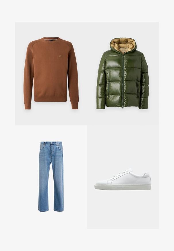 Zelena puhovka s sijočo površino, ki ima kapuco, sprednje zadrgo, dva žepa z zadrgo in bež notranjo oblogo.; Rjav pleteni pulover s okroglim izrezom in rebrastimi manšetami, ki ima subtilno logo na prsih in gladko teksturo.; Svetlo modre denim kavbojke s ravno nogavico, petimi žepi, z gumbom za zapiranje, minimalnim zbledelostjo in kontrastnimi šivi.; Bela športna obutev z gladkim usnjenim zgornjim delom in nizkim profilom. Ima zaokrožen nos, šest lukenj za vezalke in teksturiran gumijast podplat.