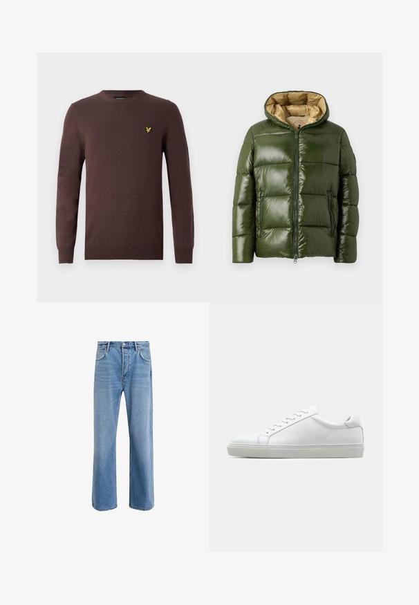 Grüne Pufferjacke mit glänzender Oberfläche, ausgestattet mit Kapuze, durchgehendem Reißverschluss, zwei Reißverschlusstaschen und einem beigen Innenfutter.; Brauner Pullover aus weichem Strickstoff mit rundem Ausschnitt und langen Ärmeln. Auf der Brust ein bestickter gelber Vogel als Akzent.; Helle blaue Jeans im Geradeschnitt-Design, mit fünf Taschen, Knopfverschluss, minimaler Ausbleichung und kontrastierenden Nähdetails.; Weißer Sneaker mit glattem Lederobermaterial und niedrigem Profil. Verfügt über eine runde Zehenpartie, sechs Ösen und eine strukturierte Gummisohle.