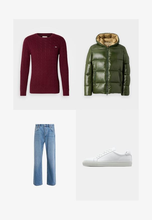 Zelená péřová bunda s lesklým povrchem, s kapucí, předním zipem, dvěma kapsami na zip a béžovou podšívkou.; Burgundský svetr s dlouhými rukávy a pleteným vzorem, s malým vyšívaným logem na levém prsu.; Světle modré džínové kalhoty s rovnými nohavicemi, pěti kapsami, zapínáním na knoflík, minimálním vyblednutím a kontrastním prošitím.; Bílé tenisky s hladkým koženým svrškem a nízkým profilem. Mají zaoblenou špičku, šest nýtů a texturovanou gumovou podrážku.