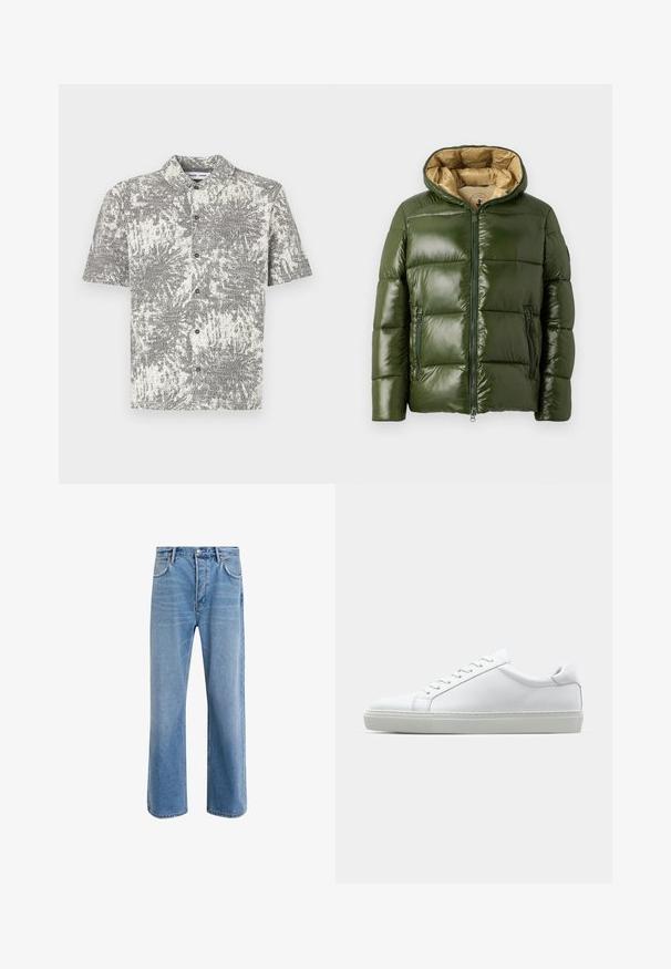 Groene pufferjack met een glanzende afwerking, voorzien van een capuchon, een rits aan de voorkant, twee ritszakken en een beige voering.; Korte mouwen overhemd met knopen en een zwart-wit abstract patroon. Voorzien van een kraag en knopen aan de voorkant, gemaakt van een lichtgewicht stof.; Lichtblauwe denim jeans met een straight-leg ontwerp, vijf zakken, knoopsluiting, minimale vervaging en contrasterende stikseldetails.; Witte sneaker met een gladlederen bovenwerk en een laag profiel. Voorzien van een ronde neus, zes vetergaatjes en een gestructureerde rubberen zool.