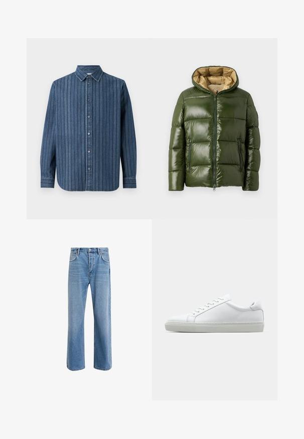 Vihreä puhvitakki, jossa on kiiltävä pinta, huppu, edessä vetoketju, kaksi vetoketjullista taskua ja vaaleanbeige vuori.; Samsøe Samsøe SADAMON SHIRT - Vapaa-ajan kauluspaita - denim; Vaaleansiniset farkut suoranlahkeisella muotoilulla, viisi taskua, nappisuljenta, vähäinen kuluminen ja kontrastiväriset ompeluyksityiskohdat.; Valkoinen tennari, jossa on sileä nahkapäällinen ja matala profiili. Ominaisuuksiin kuuluu pyöreä kärki, kuusi rei'itystä ja teksturoitu kumipohja.