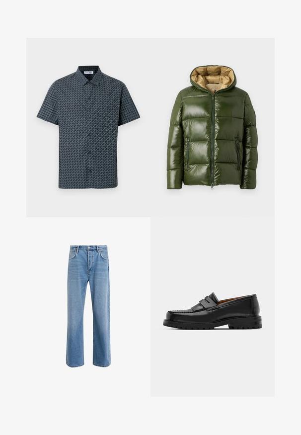 Roheline puhvjakas läikiva viimistlusega, millel on kapuuts, esine tõmblukk, kaks tõmblukuga taskut ja beež sisevooder.; Lühikeste varrukatega särk tumesinisel, millel on valge siksakmuster. Omadusteks on klassikaline krae ja ees nööpide kinnitus. Sile kangapind.; Heledad sinine teksapüksid otse lõikega, viie taskuga, nupuga sulgemine, minimaalne kulumine ja kontrastsed õmbluse detailid.; Mustad mustad nahast kingad on varustatud tõstetud õmblusega, kahe dekoratiivse rihmaga peal, ja paksu tekstuuriga tallaga paremaks haardeks.