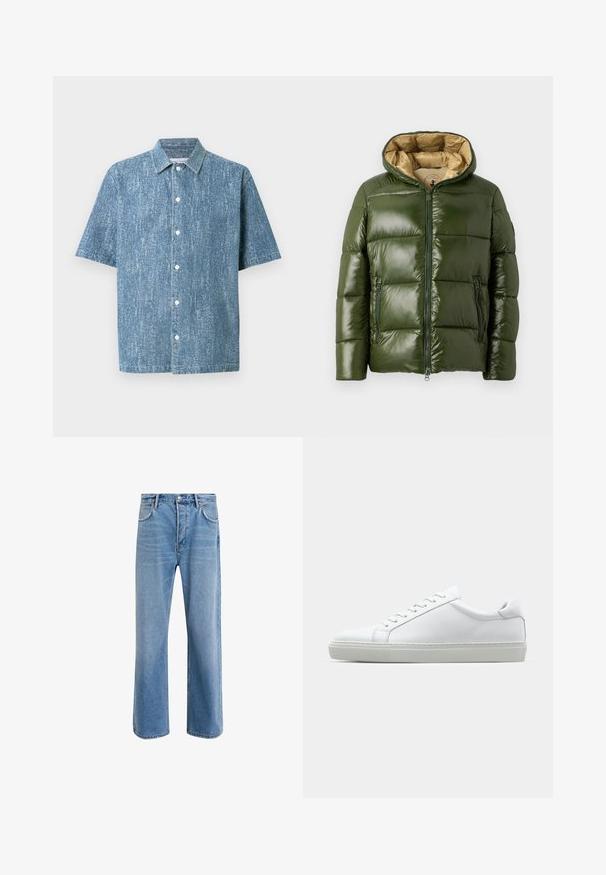 Zelená péřová bunda s lesklým povrchem, s kapucí, předním zipem, dvěma kapsami na zip a béžovou podšívkou.; Košile s krátkým rukávem z modrého denimu s texturovaným povrchem, klasickým límečkem a bílými knoflíky.; Světle modré džínové kalhoty s rovnými nohavicemi, pěti kapsami, zapínáním na knoflík, minimálním vyblednutím a kontrastním prošitím.; Bílé tenisky s hladkým koženým svrškem a nízkým profilem. Mají zaoblenou špičku, šest nýtů a texturovanou gumovou podrážku.