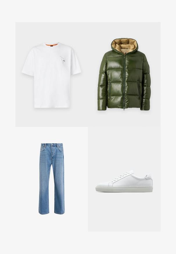 Roheline puhvjakas läikiva viimistlusega, millel on kapuuts, esine tõmblukk, kaks tõmblukuga taskut ja beež sisevooder.; Valge puuvillane T-särk lühikeste varrukatega, ümar kaelus, millel on vasakul rinnal väike must logo ja kaeluse sees oranž aktsent.; Heledad sinine teksapüksid otse lõikega, viie taskuga, nupuga sulgemine, minimaalne kulumine ja kontrastsed õmbluse detailid.; Valge tennisetoss, millel on sile nahk pealis ja madal profiil. Omab ümarat ninaosa, kuut silmust ja tekstuuriga kummist talda.