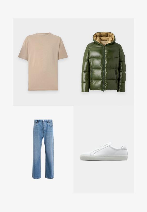 Zelena puffer jakna s sjajnom površinom, koja ima kapuljaču, prednje zatvaranje na zip, dvije džepove sa zipom i bež unutarnju podstavu.; Bež pamukasta majica kratkih rukava s okruglim izrezom. Ima diskretno ispisano ime brenda na gornjem lijevom dijelu prsnog koša. Glatka tekstura.; Svijetloplave traperice s ravnim nogavicama, pet džepova, zatvaranjem na gumb, minimalnim izbljeđivanjem i kontrastnim šavovima.; Bijela tenisica s glatkim kožnim gornjim dijelom i niskim profilom. Ima zaobljen vrh, šest rupica za vezanje i teksturiranu gumenu podlogu.