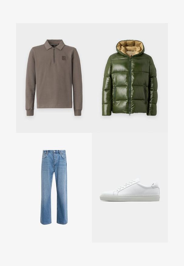 Vihreä puhvitakki, jossa on kiiltävä pinta, huppu, edessä vetoketju, kaksi vetoketjullista taskua ja vaaleanbeige vuori.; Ruskea pitkähihaisen polo-paidan malli, jossa on neljännesvetoketju ja pieni patched-logo vasemmassa rinnassa, esitetty valkoista taustaa vasten.; Vaaleansiniset farkut suoranlahkeisella muotoilulla, viisi taskua, nappisuljenta, vähäinen kuluminen ja kontrastiväriset ompeluyksityiskohdat.; Valkoinen tennari, jossa on sileä nahkapäällinen ja matala profiili. Ominaisuuksiin kuuluu pyöreä kärki, kuusi rei'itystä ja teksturoitu kumipohja.