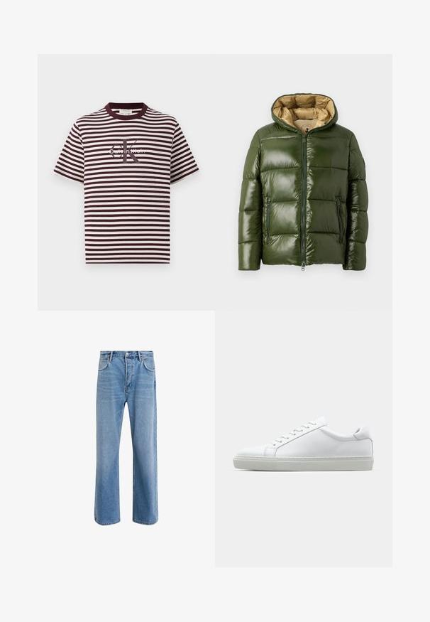 Zaļš pūkains džakets ar spīguļojošu apdari, ar kapuci, priekšējo rāvējslēdzēju, divām kabatām ar rāvējslēdzējiem un bēšu iekšējo oderi.; Striķota T-krekls bordo un krēmkrāsā ar apaļu kakla izgriezumu un īsām piedurknēm. Centrā atrodas "Calvin Klein" logo. Mīksta auduma tekstūra.; Gai zilas džinsu bikses ar taisnām kājām, piecām kabatām, pogu aizvēršanu, minimālu izbalēšanu un kontrastējošiem šuvju elementiem.; Baltie sporta apavi ar gludu ādas virsu un zemu profilu. Iezīmējas ar noapaļotu purngalu, sešām acīm un teksturētu gumijas zoli.