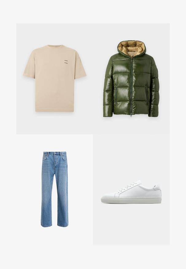 Grøn pufferjakke med en blank finish, udstyret med hætte, frontlynlås, to lynlåslommer og en beige inderforing.; Beige bomulds t-shirt med rund halsudskæring og korte ærmer. Har et lille tekstlogo på øverste venstre side. Simpel, uprydet design.; Lyseblå denim jeans med lige ben-design, fem lommer, knaplukning, minimal falming og kontraststingdetaljer.; Hvide sneakers med en glat læderoverdel og lav profil. Har en rund tå, seks snørehuller og en tekstureret gummisål.
