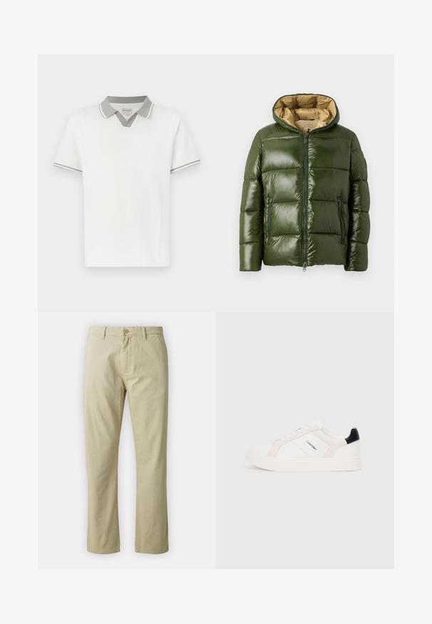 Zelena puffer jakna s sjajnom površinom, koja ima kapuljaču, prednje zatvaranje na zip, dvije džepove sa zipom i bež unutarnju podstavu.; Bijela polo majica kratkih rukava s svijetlo sivim ovratnikom i obrubima na rukavima, s detaljem u obliku V ispod ovratnika i malom oznakom branda unutra.; Bež pamučne hlače s ravnim nogavicama, prednjim zatvaranjem na dugme i petljama za remen. Glatka tekstura, bez vidljivih uzoraka ili naglaska.; Bijele tenisice s svijetlo ružičastim i crnim naglascima, s glatkim kožnim i zamšenim panelima, okruglim vrhom i ravnim gumiranim potplatom.