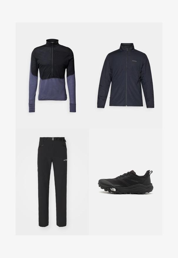 Czarna, lekka kurtka z wysokim kołnierzem, pełnym zamkiem błyskawicznym i logo po lewej stronie klatki piersiowej. Teksturowana tkanina o minimalistycznym wzornictwie.; Czarny i ciemnofioletowy pulower z długim rękawem, z zapięciem na suwak przy kołnierzu, teksturowaną górną częścią oraz gładkimi dolnymi rękawami.; Czarne spodnie na zewnątrz z gładkiego materiału, boczne kieszenie na zamek, wzmocnione partie na kolanach oraz regulowany pas z klamrą.; Czarne buty do biegania w terenie z teksturowaną cholewką, gumową podeszwą i wzmocnionym noskiem. Posiadają wyściełany kołnierz oraz uchwyt do łatwego zakładania.