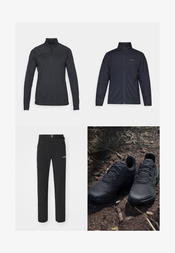 Zwarte lichtgewicht jas met hoge kraag, volledige rits en logo op de linkerkant van de borst. Gestructureerde stof met een minimalistisch ontwerp.; Zwarte trui met een half-rits kraag, lange mouwen, gestructureerde stof en versterkte stiksels. Heeft een logoaccent op de mouw.; Zwarte outdoorbroeken van gladde stof, met zijzakken met rits, verstevigde knieën en een verstelbare tailleband met een gesp.; Zwarte sportieve schoenen met een gestructureerde gebreide bovenkant, verstevigde neus en een gevoerde zool, tentoongesteld op aardse grond met verspreide takjes.