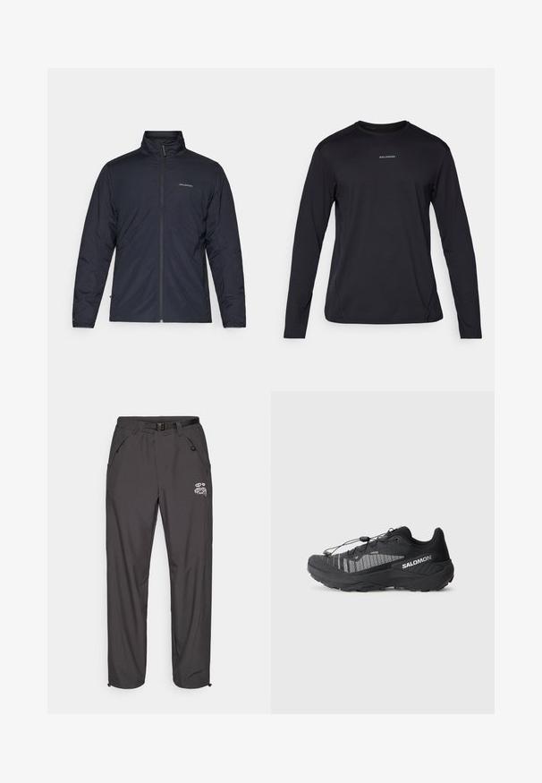 Black lightweight jacket with a high collar, full zipper, and logo on the left chest. Textured fabric with a minimalistic design.; Black long-sleeve T-shirt with a round neck, made of smooth fabric. Features subtle stitching and a small logo on the chest.; Black outdoor trousers made of lightweight material, featuring a belt, multiple pockets, and a logo. Straight-leg design with elasticated waist.; Black trail running shoe with a textured mesh upper, reflective accents, cushioned sole, and elastic lacing system. Logo on the side.