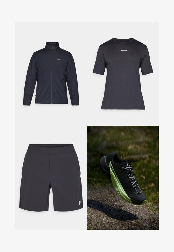 Melnas, vieglas jakas ar augstu apkakli, pilnu rāvējslēdzēju un logotipu kreisajā krūtī. Tekstūrēta auduma, minimālisma dizains.; Melnas īsām piedurknēm izstrādāta veiktspējas T-krekls, kas izgatavots no elpojoša auduma, ar apaļu kakla izgriezumu un nelielu baltu "SALOMON" logotipu uz krūtīm.; Melni sporta šorti ar elastīgu jostasvietu, izgatavoti no viegla materiāla, ar baltu logotipu apakšējā labajā stūrī.; Melna sporta kurpe ar tekstūrētu virsmu un zaļiem akcentiem. Iezīmējas ar vieglu konstrukciju un unikālu, rakstainu zoli, kas nodrošina saķeri.
