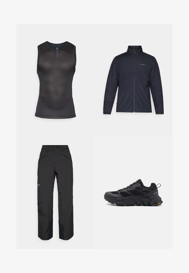 Veste légère noire avec col haut, fermeture éclair intégrale et logo sur la poitrine gauche. Tissu texturé avec un design minimaliste.; Haut de sport sans manches noir en tissu en maille. Doté d'un col rond et d'une coupe ajustée avec une texture subtile sur l'ensemble.; Pantalons imperméables noirs à coupe droite, dotés de poches zippées, d'accents de bas de jambe renforcés et d'une finition lisse.; Baskets de sport noires avec une semelle épaisse, tige en mesh et synthétique, accents texturés et marque Vibram sur la semelle extérieure.