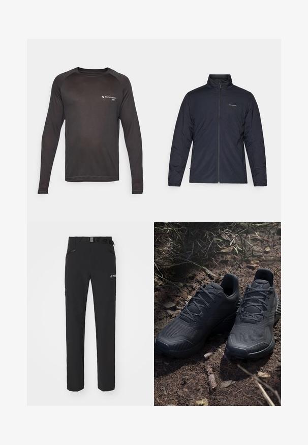 Musta kevyt takki, jossa on korkea kaulus, täysipitkä vetoketju ja logo vasemmassa rinnassa. Teksturoitu kangas ja minimalistinen muotoilu.; Urheilullinen pitkähihaine paita yksivärisessä mustassa, jossa on pyöreä kaula-aukko ja raglan-hihat. Valmistettu kosteutta siirtävästä kankaasta, jossa on logotiedot.; Mustat ulkoiluhousut, joissa on sileä kangas, sivuilla vetoketjulliset taskut, vahvistetut polviosat ja säädettävä vyötärö, jossa on solki.; Mustat urheilukengät, joissa on teksturoitu neulottu päällinen, vahvistettu kärki ja pehmustettu pohja, aseteltuna maanläheiselle maaperälle, jolla on hajallaan oksia.