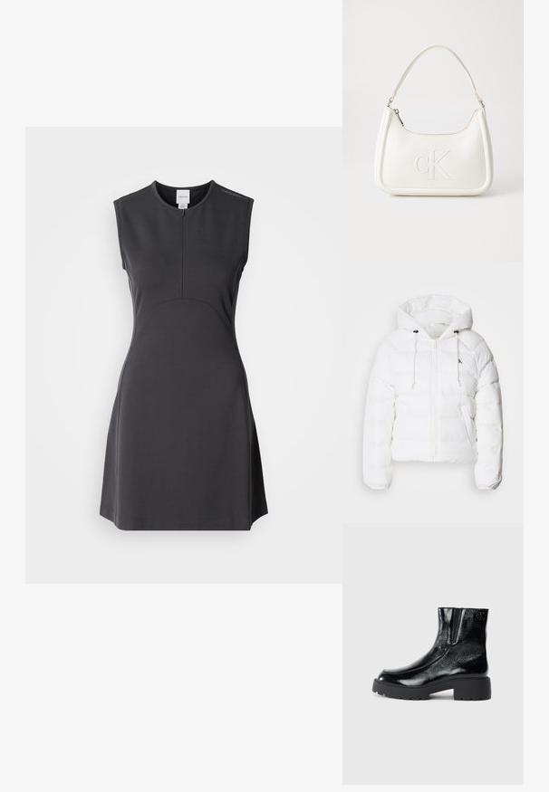 Calvin Klein Jeans LIGHTWEIGHT LOGO PUFFER - Zimná bunda - snow white; Čierne šaty bez rukávov z hladkej látky, s vysokým golierom, predným zipsom a priliehavým korzetom so rozšíreným lemom.; Čierne kotníkové topánky s lesklým patentným koženým povrchom, masívnou čiernou gumovou podrážkou a vyvýšeným podpätkom; na boku obsahujú jemný detail loga.; Biela kožená kabelka s zakriveným tvarom, na prednej strane s embosovaným logom "CK" a jedným ramenným popruhom. Zipsové zapínanie navrchu.