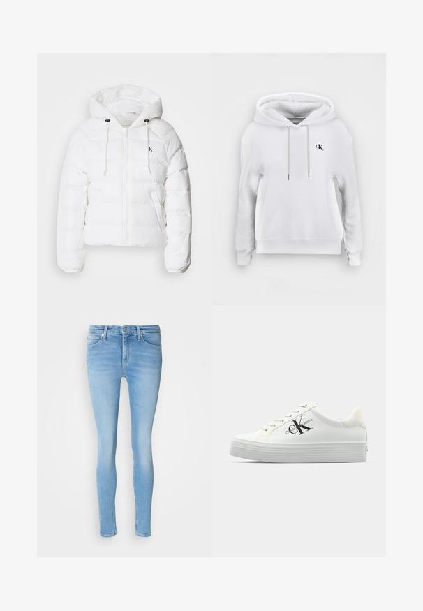 Calvin Klein Jeans LIGHTWEIGHT LOGO PUFFER - Ziemas jaka - snow white; Balta kapuce, kas izgatavota no mīksta auduma, ar pielāgojamu kapuci, elastīgu aproci un mazu melnu logotipu uz krūtīm.; Gai zilo šauru džinsu bikses ar vidēju vidukļa augstumu, kurām ir priekšējās kabatas, jostas cilpas un gluda tekstūra.; Baltās platformas kedas ar gludu sintētisku augšdaļu, tonalitātes auklām un melnu logo. Paaugstinātā gumijas zole ir aprīkota ar horizontālām rievām, lai nodrošinātu saķeri.