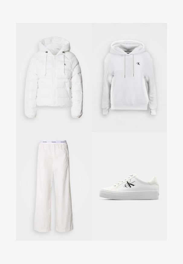 Calvin Klein Jeans LIGHTWEIGHT LOGO PUFFER - Winterjas - snow white; Witte hoodie van zachte stof, uitgerust met een capuchon met trekkoord, elastische manchetten en een klein zwart logo op de borst.; Witte wijde broek met een elastische tailleband met een contrasterend Calvin Klein-logo. Gemaakt van gladde stof, bieden ze een ontspannen fit.; Witte platform sneakers met een glad bovenwerk van synthetisch materiaal, tonale veters en een zwart logo. De verhoogde rubberen zool heeft horizontale ribbels voor extra grip.