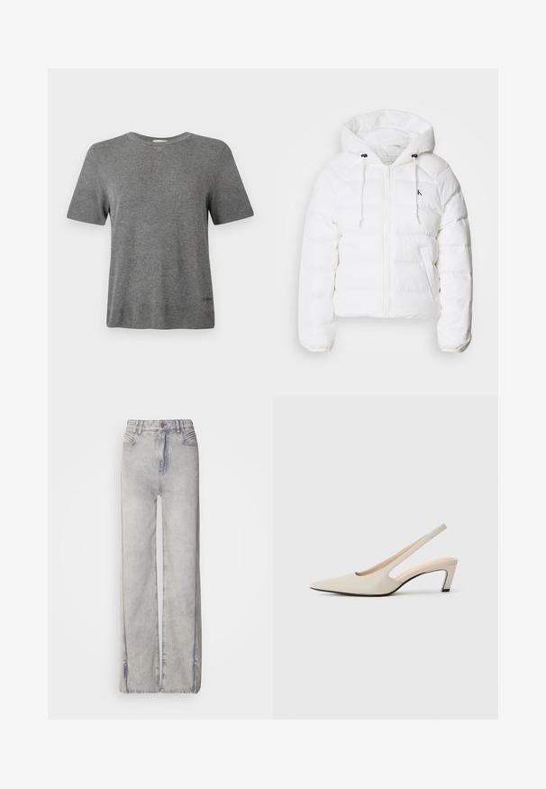 Calvin Klein Jeans LIGHTWEIGHT LOGO PUFFER - Zimska jakna - snow white; Siva pletena majica s kratkimi rokavi, okroglim izrezom in gladko teksturo. Ima minimalno blagovno znamko blizu roba. Preprost, klasičen dizajn.; Svetlo modre široke jeans hlače iz denima z izblušeno pranje, opremljene z zadrgo, petimi žepi in kontrastnimi šivi.; Bež usnjene čevlje s koničastim nosom in odprtim petnim delom, ki se ponašajo z izrezljanim oblikovanjem, 5 cm blok peto in gladko teksturo. Črni podplat akcenti.
