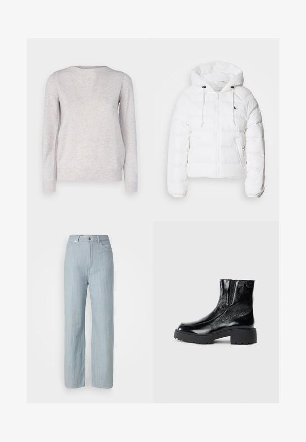 Calvin Klein Jeans LIGHTWEIGHT LOGO PUFFER - Winterjas - snow white; Repeat Trui - snow; Lichtblauwe recht gesneden jeans van denim. Heeft vijf zakken, een metalen knoopsluiting en subtiele whisks voor textuur.; Zwarte enkellaarsjes met een glanzende lakleren afwerking, chunky zwarte rubberen zool en verhoogde hak; inclusief subtiele logo-detail aan de zijkant.