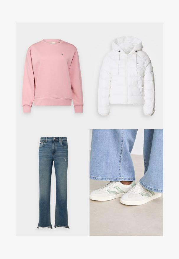 Calvin Klein Jeans LIGHTWEIGHT LOGO PUFFER - Winter jacket - snow white; GANT SHIELD C NECK - Sweatshirt - dusty pink; Blue denim jeans with slight distressing, raw frayed hems, front pockets, belt loops, and a button closure.; White sneakers with light green accents, textured leather, and flat rubber soles. Paired with wide-leg denim pants.