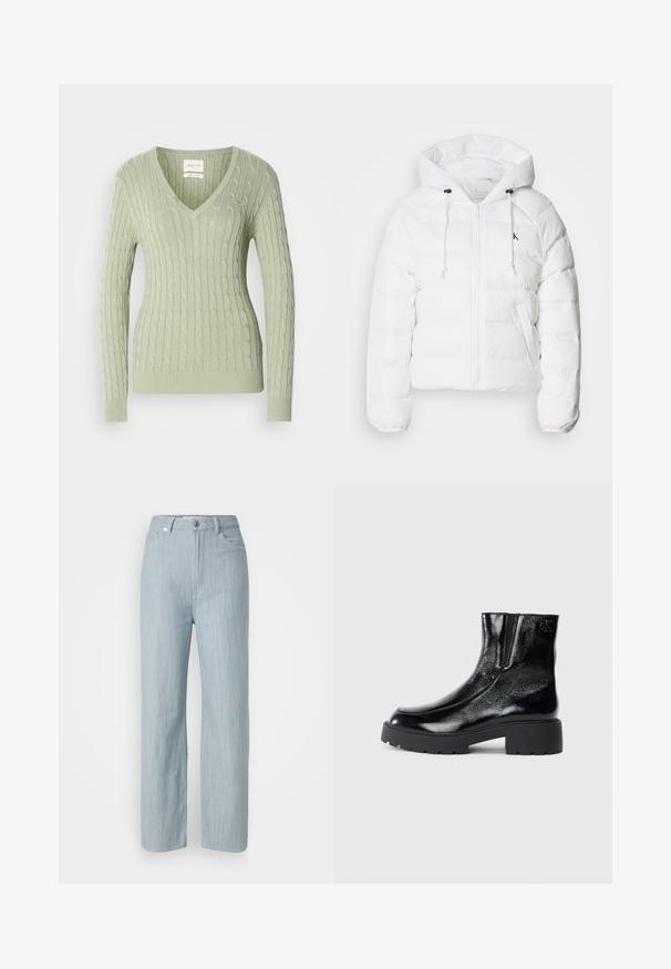 Calvin Klein Jeans LIGHTWEIGHT LOGO PUFFER - Žieminė striukė - snow white; Šviesiai žalia megzto audinio megztinis su V formos iškirpte, turi kabelių raštą ir raukšlėtus rankogalius. Ant krūtinės yra mažas logotipas.; Šviesiai mėlyni tiesūs džinsai, pagaminti iš džinsinio audinio. Turi penkias kišenes, metalinį mygtuko užsegimą ir subtilų dėmėtumą, suteikiantį tekstūrą.; Juodi kulkšniniai batai su blizgia lakuota oda, storu juodu guminio pado ir pakeltu kulnu; šone yra subtilus logotipo detalė.