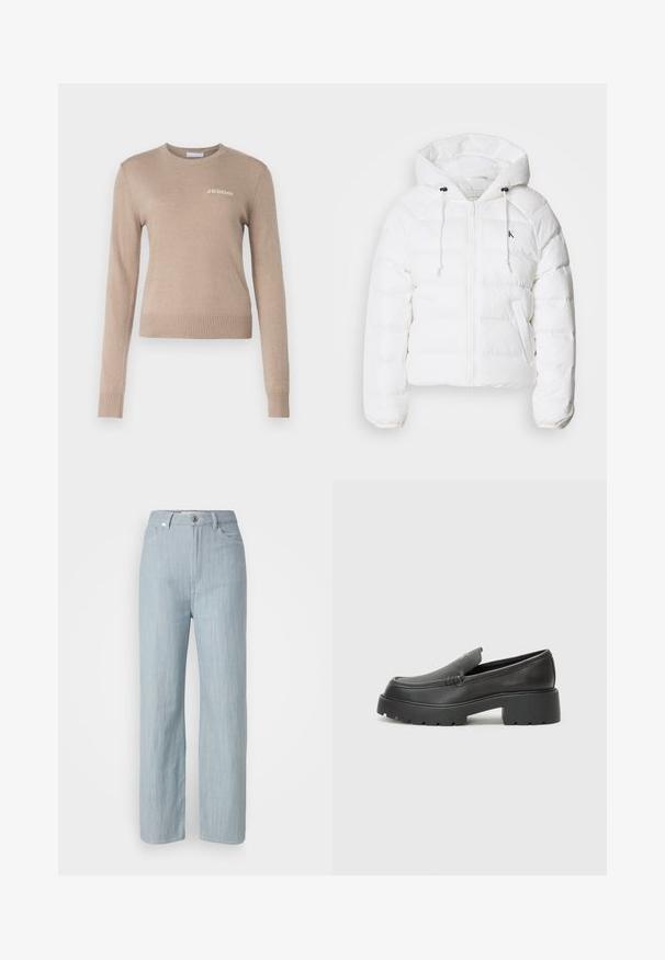 Calvin Klein Jeans LIGHTWEIGHT LOGO PUFFER - Winterjas - snow white; Beige gebreide trui met lange mouwen, ronde halslijn, geribde zoom en manchetten, met een subtiel wit "2ND DAY" logo op de borst.; Lichtblauwe recht gesneden jeans van denim. Heeft vijf zakken, een metalen knoopsluiting en subtiele whisks voor textuur.; Zwarte leren instappers met een ronde neus, dikke getextureerde zool en minimale stikseldetails. Strak ontwerp zonder zichtbare veters of hardware.