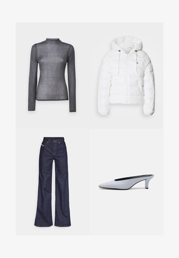 Calvin Klein Jeans LIGHTWEIGHT LOGO PUFFER - Zimska jakna - snow white; Duga rukav, uska majica s visokim ovratnikom u tamno sivoj boji. Izrađena od mekog, rastezljivog materijala s rebrastom teksturom i prilagođenim dizajnom. Bez vidljive opreme ili dodataka.; Tamno plave široke traperice s visokim strukom, izrađene od denim tkanine, s narančastim šavovima, pet džepovima i kopčanjem na dugme.; Tamnoplava lakirana mule cipela s oštrim nosom, niskim prozirnim potpeticama i elegantnim dizajnom s izrezom na gornjem dijelu.