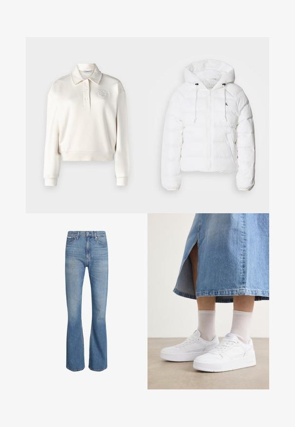 Calvin Klein Jeans LIGHTWEIGHT LOGO PUFFER - Giacca invernale - snow white; Polo a maniche lunghe di colore crema, con colletto, patta con tre bottoni e dettaglio del logo ricamato sulla parte superiore sinistra. Texture morbida.; Jeans svasati in denim azzurro chiaro con vita alta, design a cinque tasche e leggera scoloritura. Presentano un'unica chiusura frontale con bottone e cerniera.; Sneakers bianchi in pelle texture, con suola platform, punta rotonda e sistema di lacci; abbinati a calze corte grigie e una gonna di jeans.