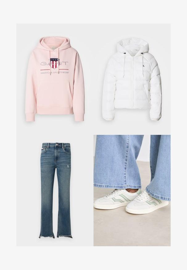 Calvin Klein Jeans LIGHTWEIGHT LOGO PUFFER - Winter jacket - snow white; Pink hooded sweatshirt made of soft fabric. Features a front pocket, drawstring hood, and a embroidered logo with red and blue accents.; Blue denim jeans with slight distressing, raw frayed hems, front pockets, belt loops, and a button closure.; White sneakers with light green accents, textured leather, and flat rubber soles. Paired with wide-leg denim pants.