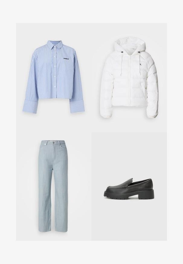 Calvin Klein Jeans LIGHTWEIGHT LOGO PUFFER - Winterjas - snow white; Kort gesneden overhemd met knopen in lichtblauw met witte verticale strepen, voorzien van een zak en logo op de borst, gemaakt van een gladde stof.; Lichtblauwe recht gesneden jeans van denim. Heeft vijf zakken, een metalen knoopsluiting en subtiele whisks voor textuur.; Zwarte leren instappers met een ronde neus, dikke getextureerde zool en minimale stikseldetails. Strak ontwerp zonder zichtbare veters of hardware.