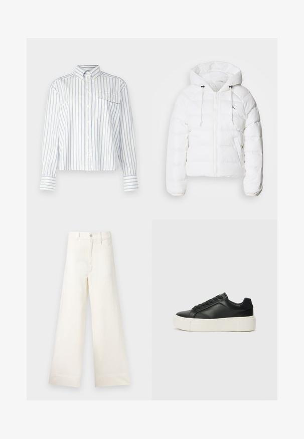 Calvin Klein Jeans LIGHTWEIGHT LOGO PUFFER - Veste d'hiver - snow white; GANT Chemisier - eggshell; Pantalons large en coton beige clair. Dotés d'une taille haute, de poches latérales et d'une coupe droite. Finition ourlet propre sans motifs.; Sneaker en cuir noir avec un bout arrondi, semelle plateform blanche et lacets noirs. Présente un logo discret au niveau du talon et une texture lisse.