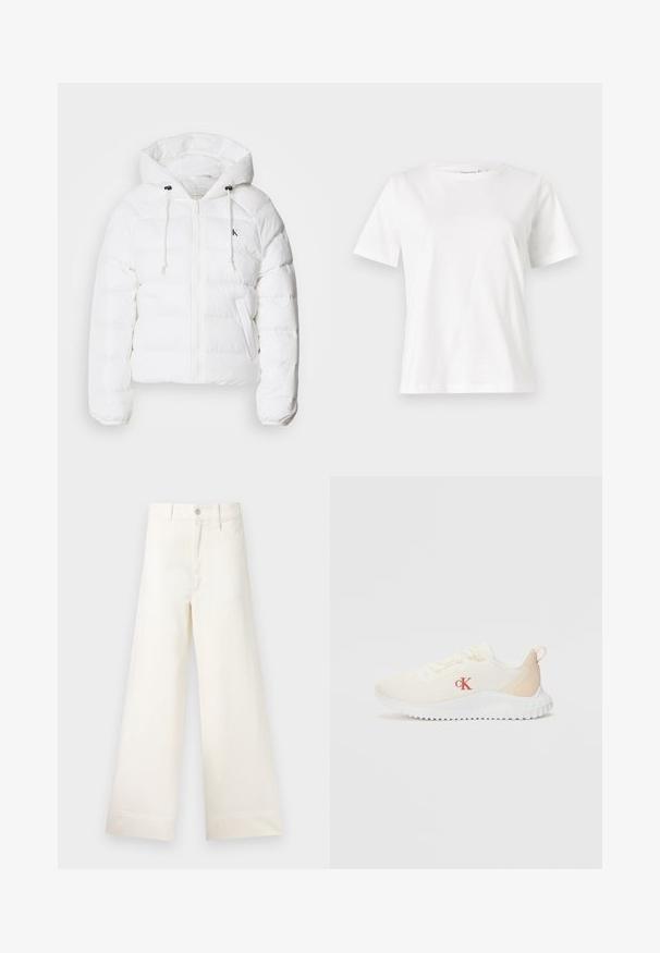 Calvin Klein Jeans LIGHTWEIGHT LOGO PUFFER - Winterjas - snow white; Witte katoenen t-shirt met korte mouwen, ronde halslijn en een ontspannen pasvorm. Gladde textuur, geen patronen of accenten, minimalistisch ontwerp.; Bredere broek van lichtbeige katoen. Heeft een hoge taille, voorzakken en een rechte snit. Schoon afgewerkte zoom zonder patronen.; Witte mesh sneakers met een gestructureerd oppervlak, lichtbeige accenten, een verhoogde witte zool en een rood "CK" logo op de zijkant.
