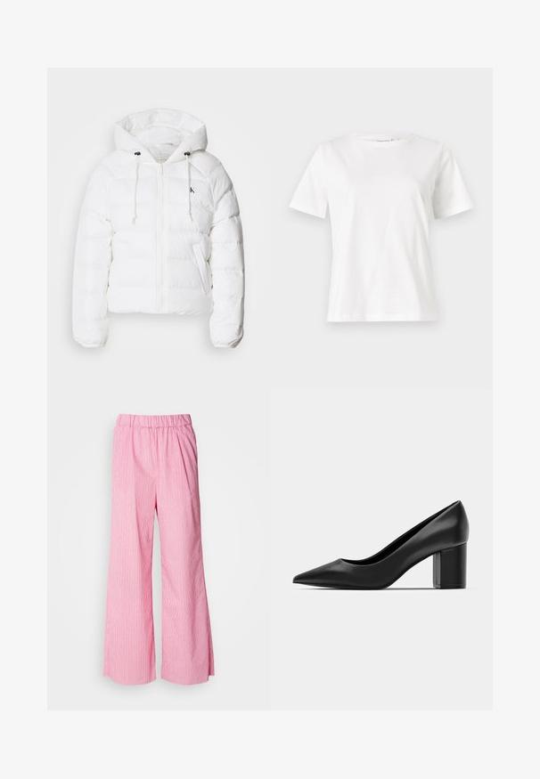 Calvin Klein Jeans LIGHTWEIGHT LOGO PUFFER - Zimska jakna - snow white; Bijela pamučna majica s kratkim rukavima, okruglim izrezom i opuštenim krojem. Glatka tekstura, bez uzoraka ili akcenata, minimalistički dizajn.; Ružičaste hlače širokih nogavica s vertikalnim bijelim prugama, elastičnim pojasom, laganom tkaninom i opuštenim krojem za udobnost.; Crne kožne cipele s uskim vrhom i debelim kvadratnim potpeticama. Glatka tekstura, jednostavan dizajn, pogodne za formalna okruženja.