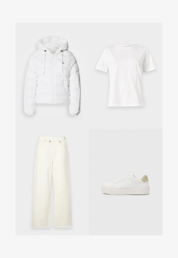 Calvin Klein Jeans LIGHTWEIGHT LOGO PUFFER - Zimní bunda - snow white; Bílý bavlněný tričko s krátkým rukávem, kulatým výstřihem a volnějším střihem. Hladká textura, bez vzorů nebo akcentů, minimalistický design.; Rozšířené džíny v krémové barvě vyrobené z denimu, s vysokým pasem, pěti kapsami a neopracovaným lemem pro uvolněný střih.; Bílé tenisky s hladkým koženým svrškem, světle šedým semišovým akcentem na patě a robustní bílou gumovou podrážkou. Obsahují šněrovací design.