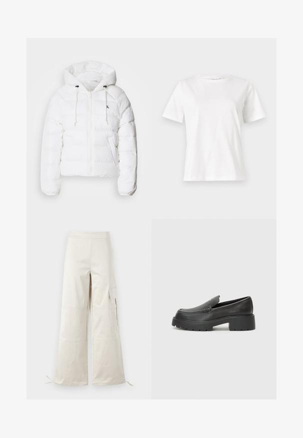 Calvin Klein Jeans LIGHTWEIGHT LOGO PUFFER - Casaco de inverno - snow white; T-shirt de algodão branco com mangas curtas, decote redondo e um corte descontraído. Textura suave, sem padrões ou detalhes, design minimalista.; Calças largas beiges feitas de um material leve, com bolsos tipo cargo e laços ajustáveis na bainha para um ajuste personalizável.; Mocassins de couro preto com bico arredondado, sola espessa e texturizada, e detalhes de costura minimalistas. Design elegante sem atacadores ou ferragens visíveis.