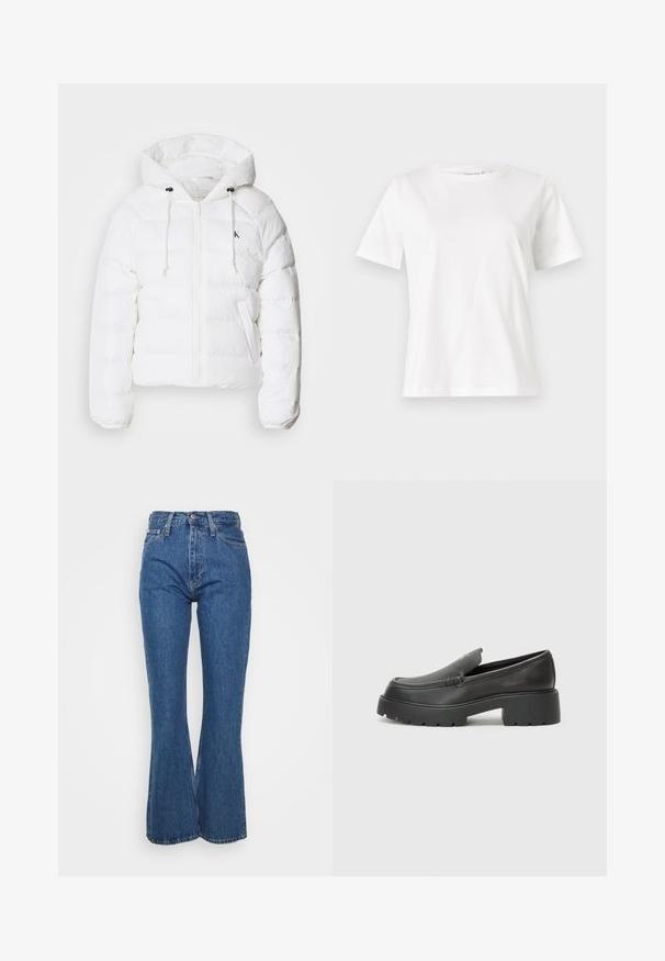 Calvin Klein Jeans LIGHTWEIGHT LOGO PUFFER - Winterjacke - snow white; Weißes Baumwoll-T-Shirt mit kurzen Ärmeln, Rundhalsausschnitt und lockerer Passform. Glatte Textur, keine Muster oder Akzente, minimalistisches Design.; Hoch-taillierte blaue Jeans aus Denim mit ausgestellter Form, klassischem Fünf-Taschen-Design und subtilen Ausbleichungen, robustem Bund und Metallknopf.; Schwarze Lederloafer mit einer abgerundeten Spitze, dicker strukturierten Laufsohle und minimalen Nähten. Schlankes Design ohne sichtbare Schnürsenkel oder Beschläge.